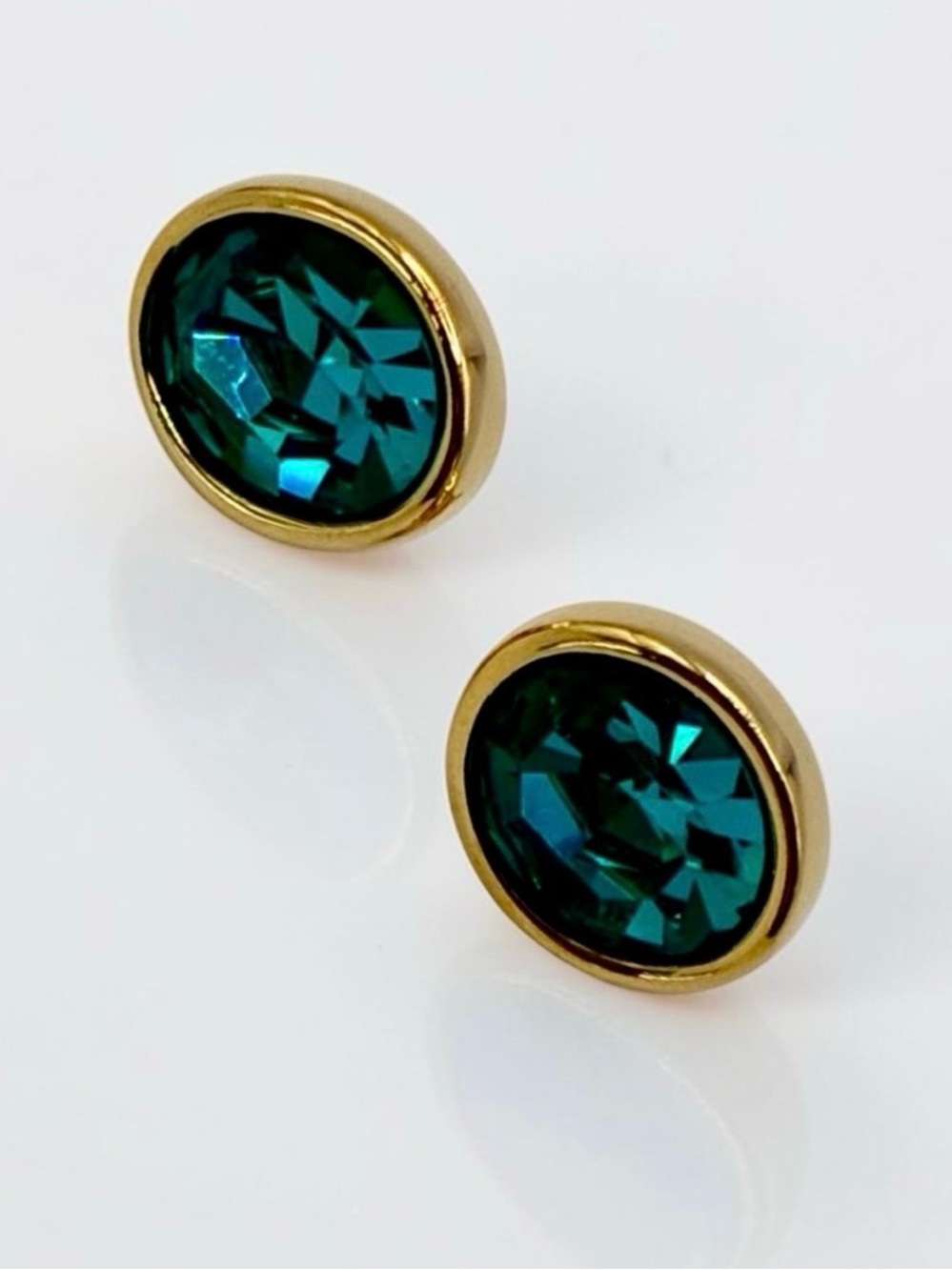 Swarovski Signed Swan Gold-Tone Teal Blue Crystal Oval Stud Earrings